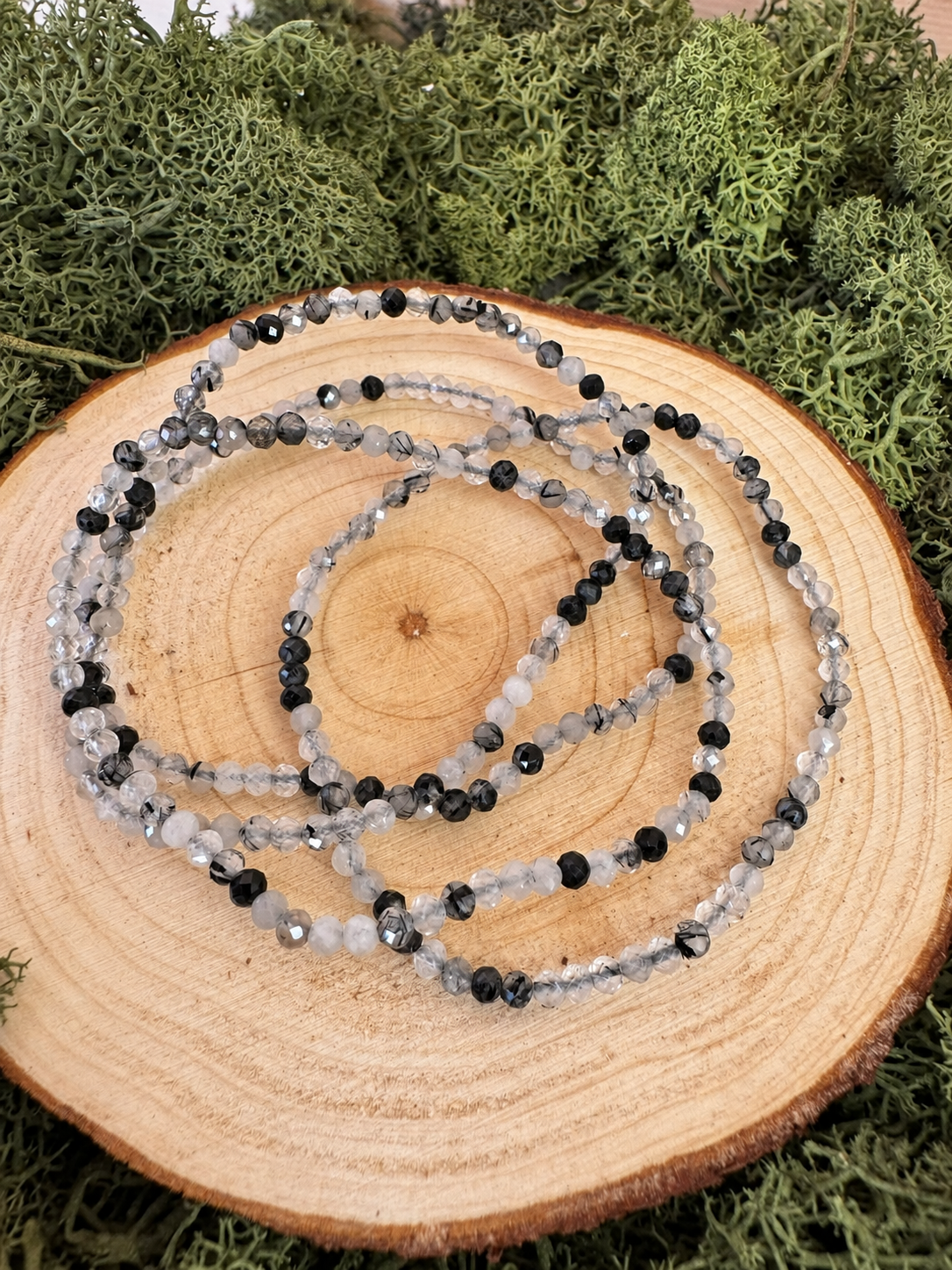 Natural Tourmalinated Quartz bracelets with clear faceted beads and black Tourmaline needles