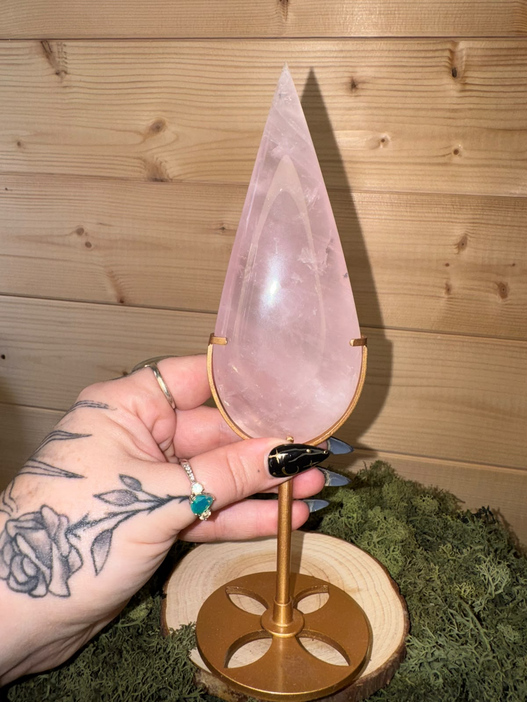 Large Rose Quartz Teardrop on Custom Stand