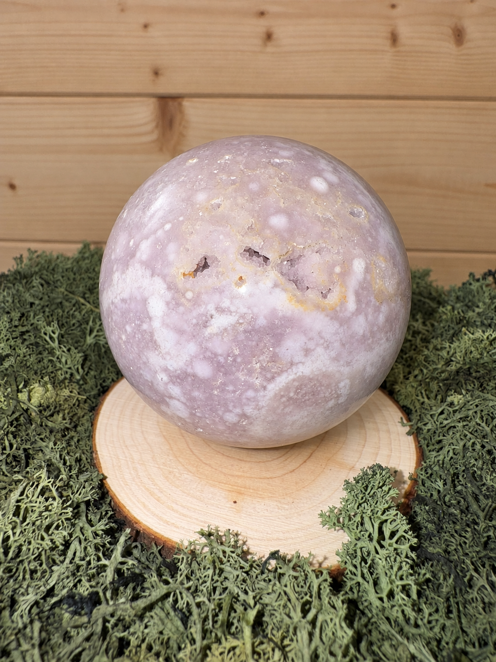 Chunky Pink Amethyst sphere showing soft pink lavender and white mineral patterns