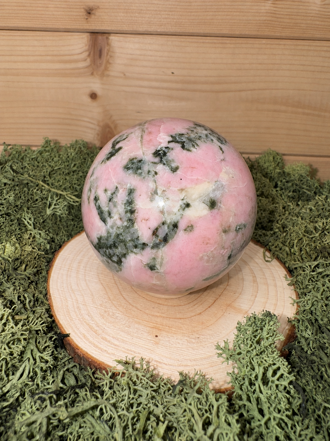 490g Epidote in Pink Opal crystal sphere with blush pink cream and green mineral patterning