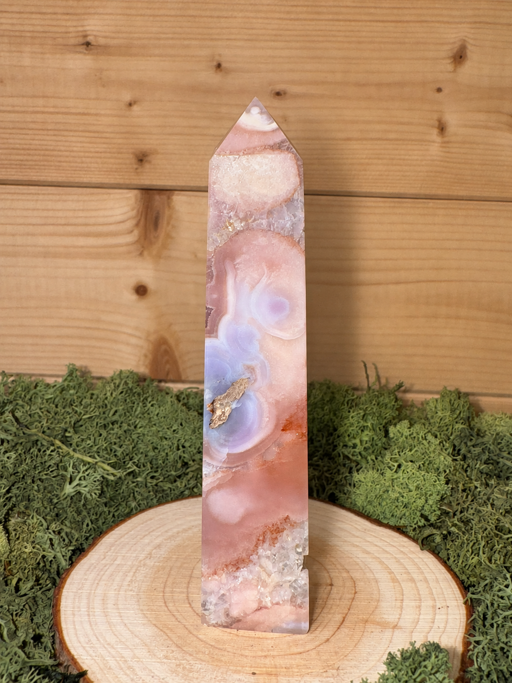 Pink Amethyst crystal tower showing pale lilac banding and floral formations