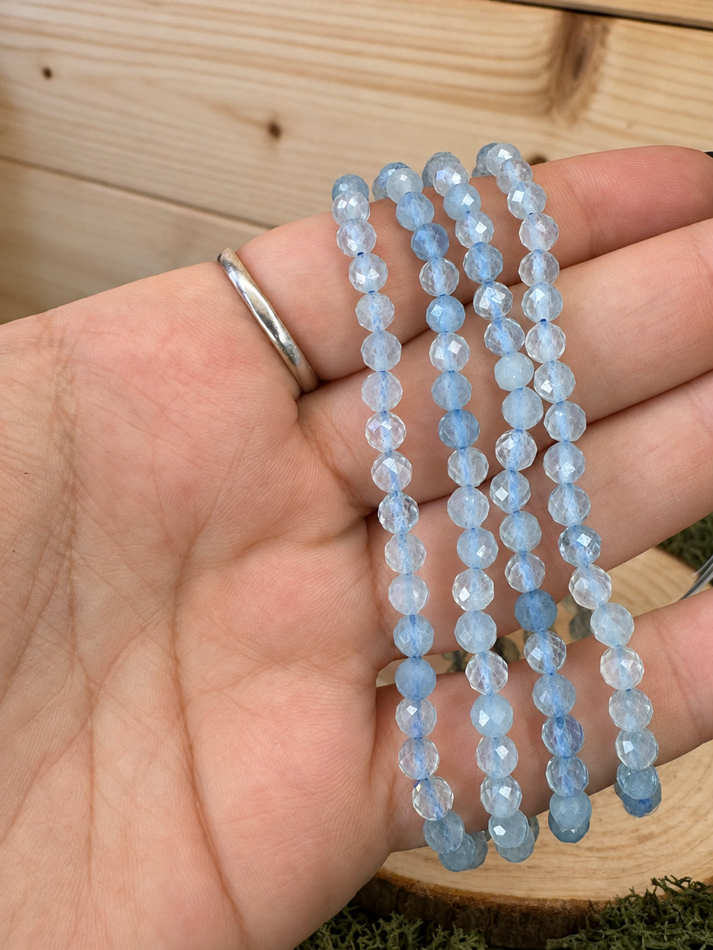 Faceted natural Aquamarine crystal stretch bracelets with pale blue beads
