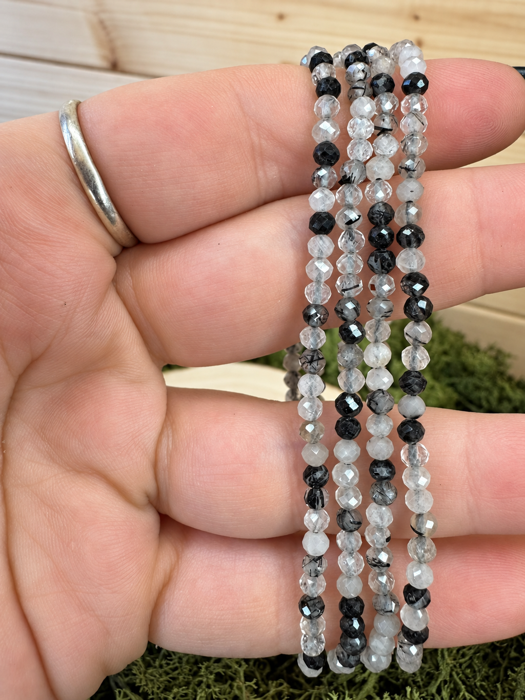 Four faceted Tourmalinated Quartz crystal bracelets with natural black Tourmaline inclusions