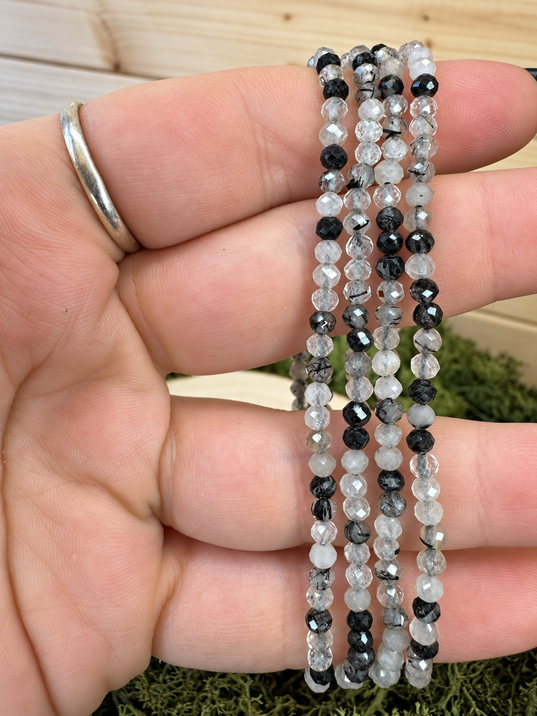 Four faceted Tourmalinated Quartz crystal bracelets with natural black Tourmaline inclusions