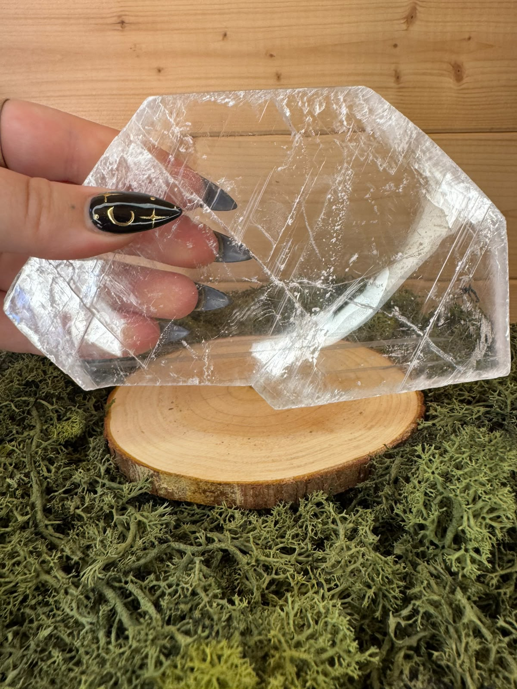 Genuine transparent True Selenite slab showing natural crystal cleavage and clarity