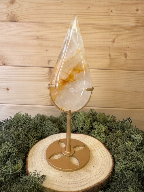 Golden Healer Quartz teardrop crystal on custom gold stand