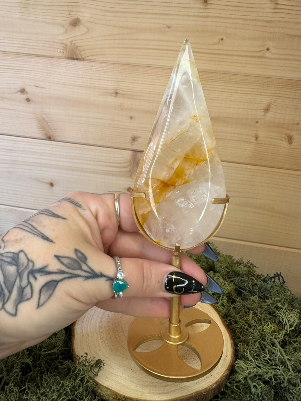 197g Golden Healer Quartz teardrop crystal with internal rainbows