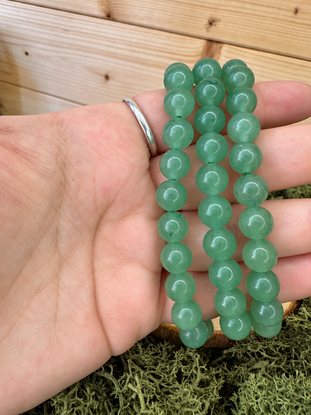 Three natural Green Aventurine beaded stretch bracelets with polished round beads