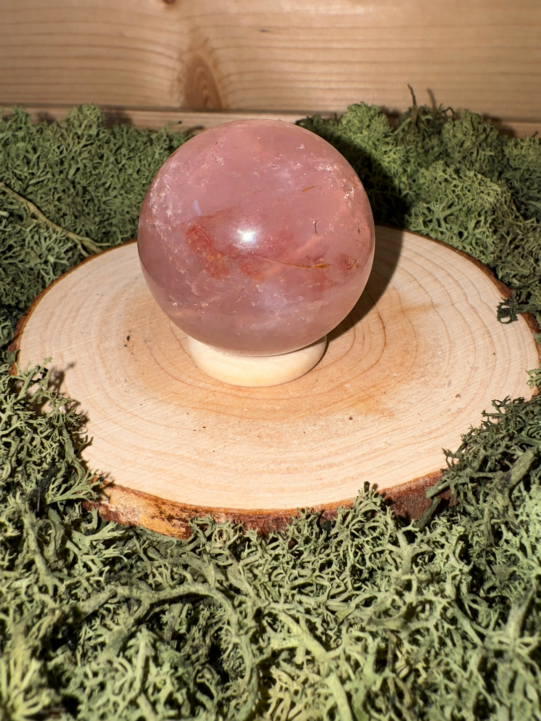 127g Rose Quartz sphere with Hematite inclusions and natural asterism