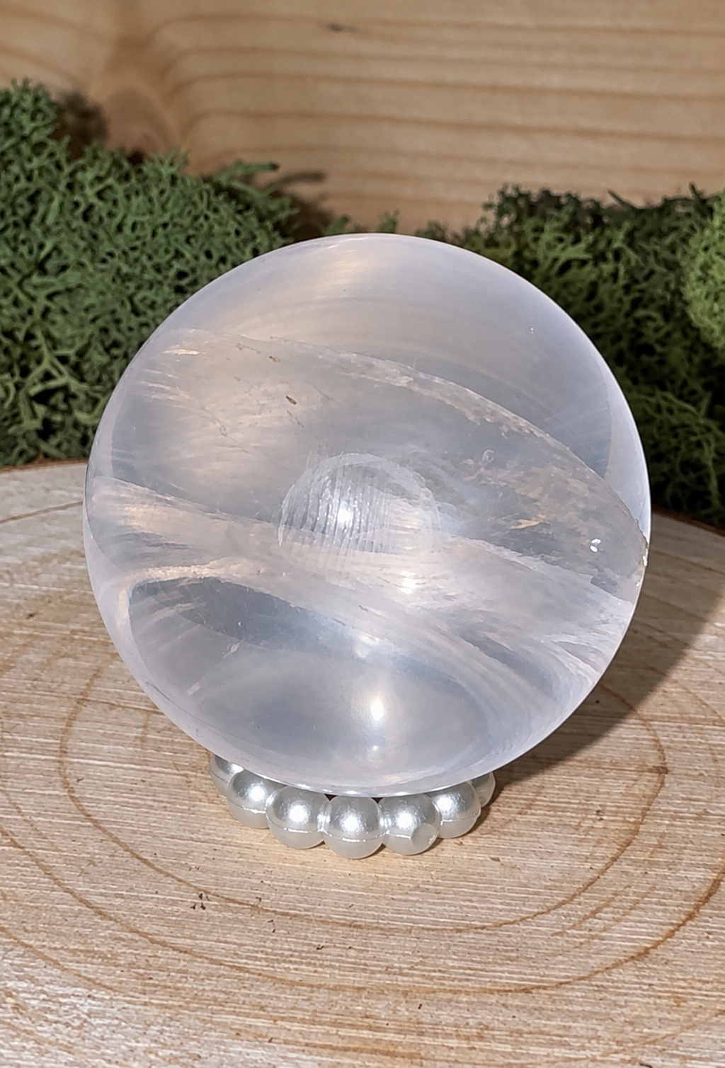 Highest grade Ice Rose Quartz sphere with exceptional clarity and soft pink colour, 59g