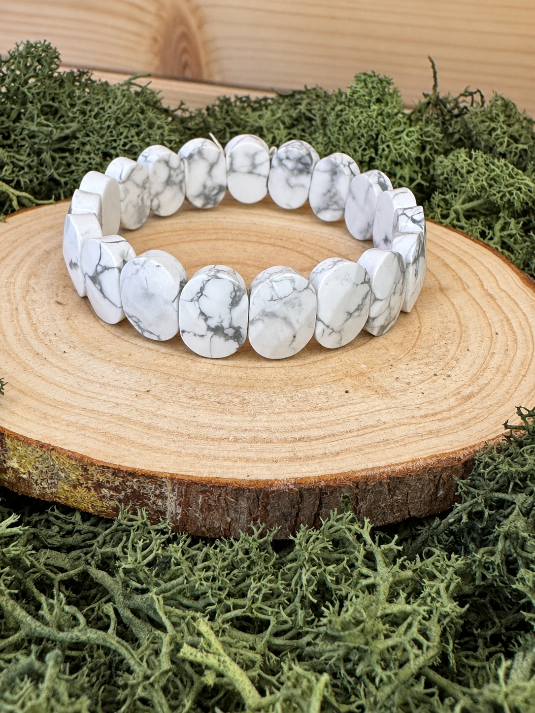 White Howlite soft bangle bracelet with polished stone beads and grey veining