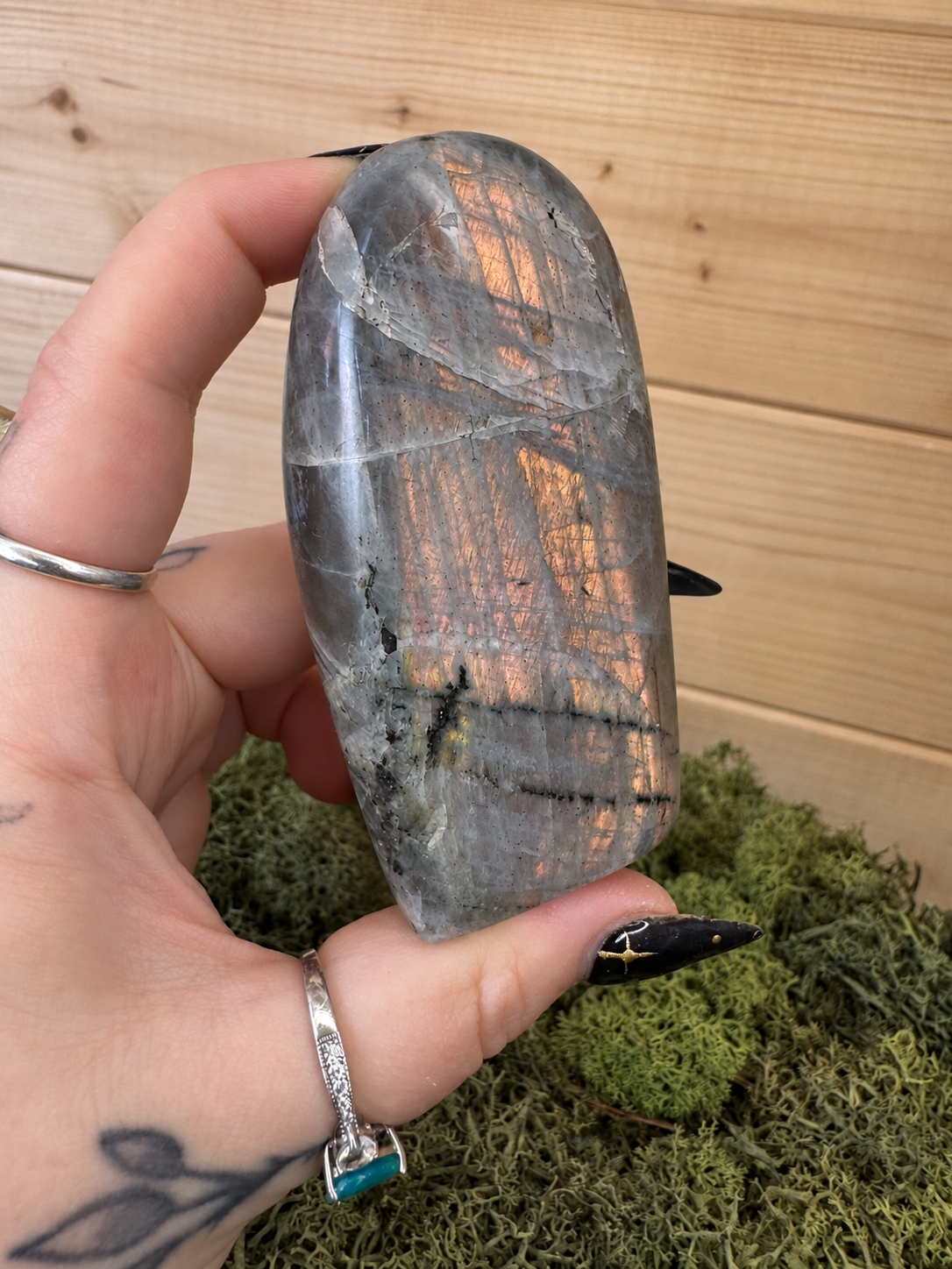 Close view of 202g Labradorite freeform showing copper peach and gold flash