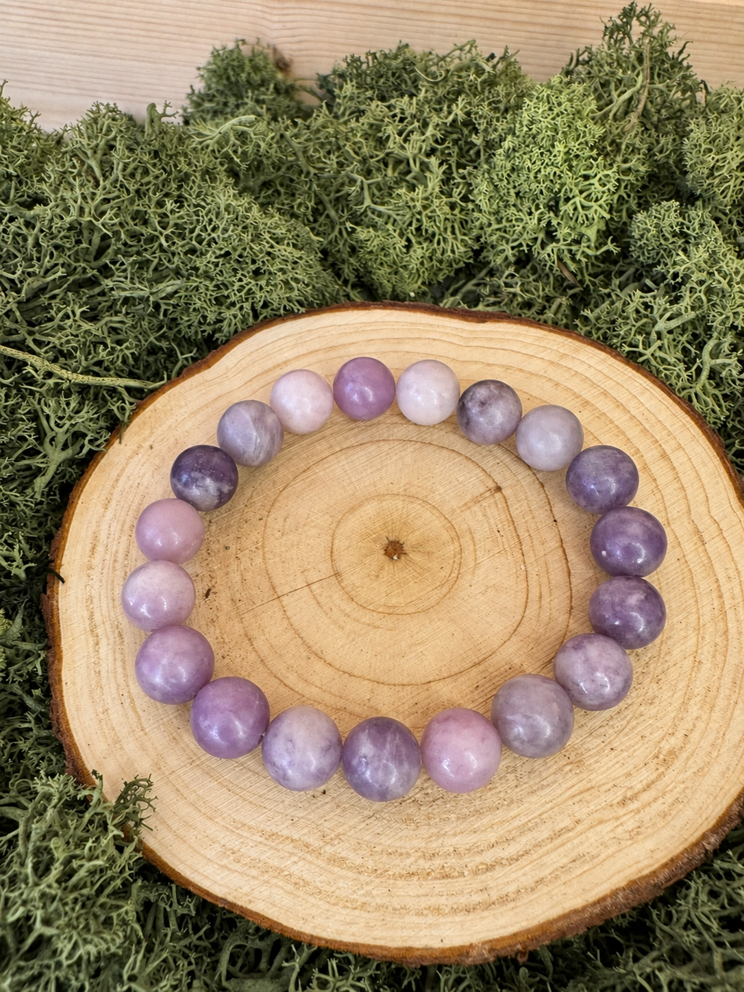 Lepidolite crystal bracelet with polished round beads in lilac lavender and purple