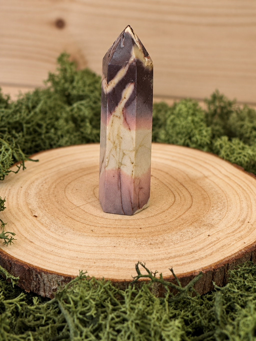 34g Mookaite Jasper tower with plum purple cream and pink natural banding
