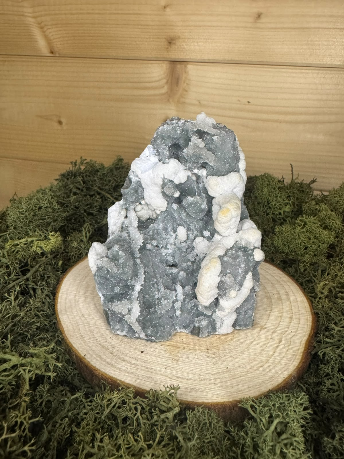 White Mordenite on green grey Chalcedony mineral specimen from Pune District Maharashtra India