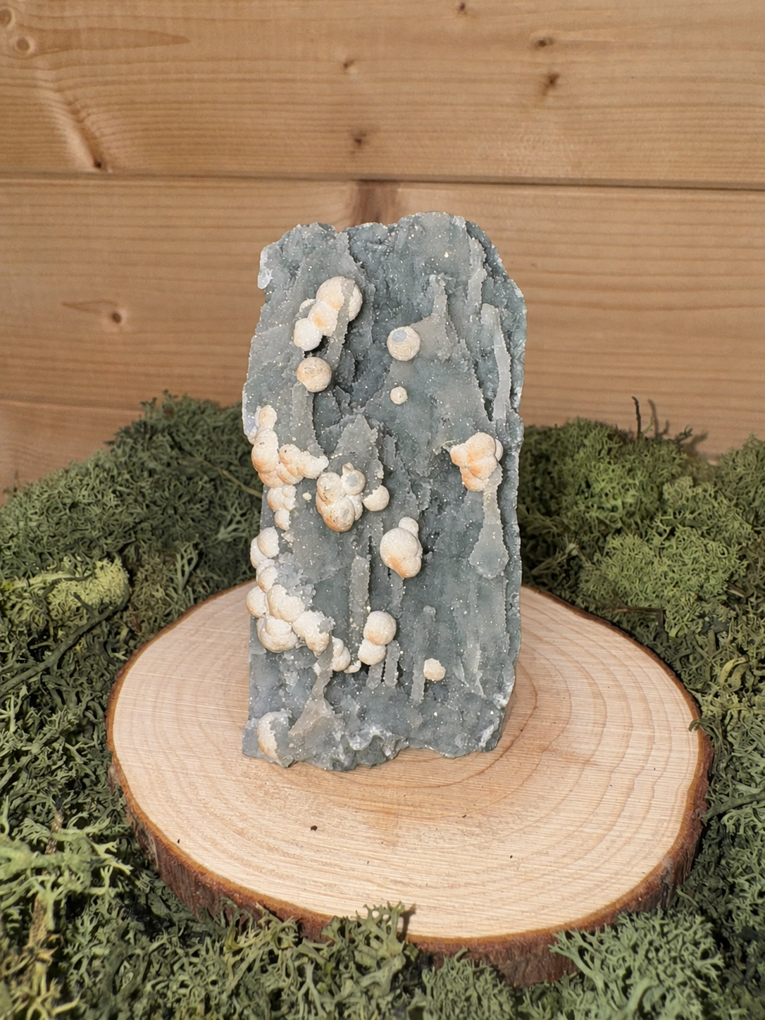Mordenite on green grey Chalcedony 288g mineral specimen from Pune District Maharashtra India