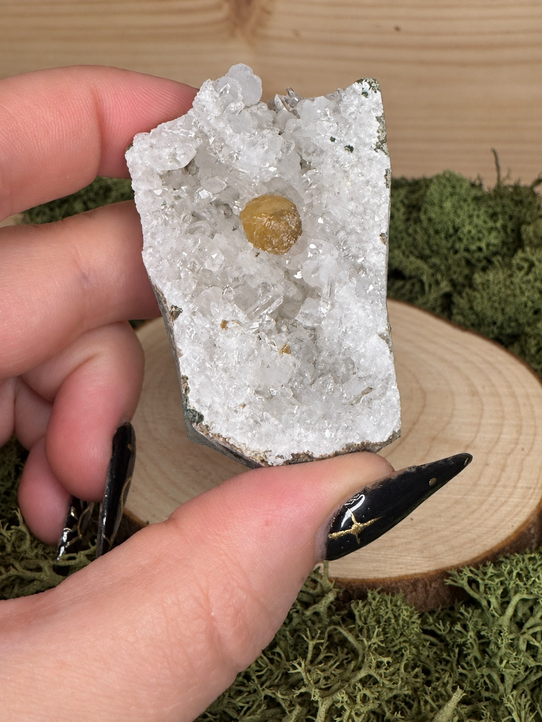 Rare mustard Gyrolite on sparkling Quartz mineral specimen B weighing 61g