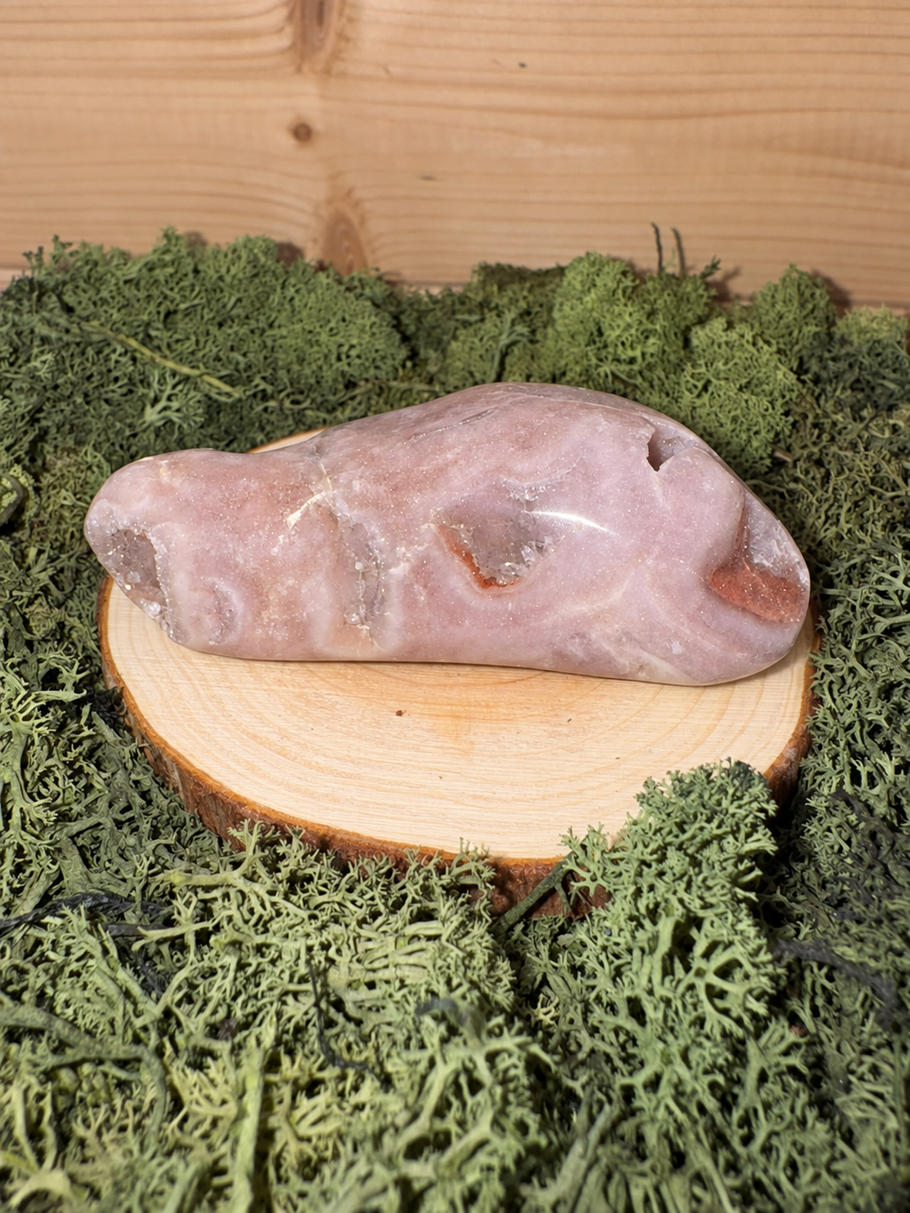 Polished Pink Amethyst freeform showing blush pink banding and natural druzy pockets