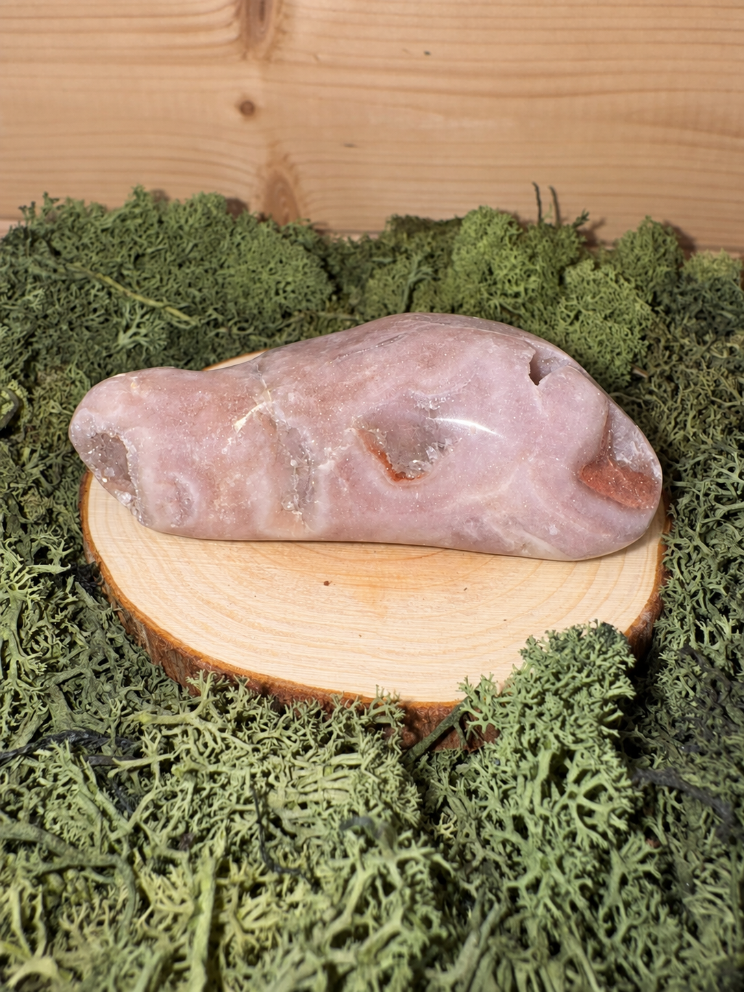 Polished Pink Amethyst freeform showing blush pink banding and natural druzy pockets