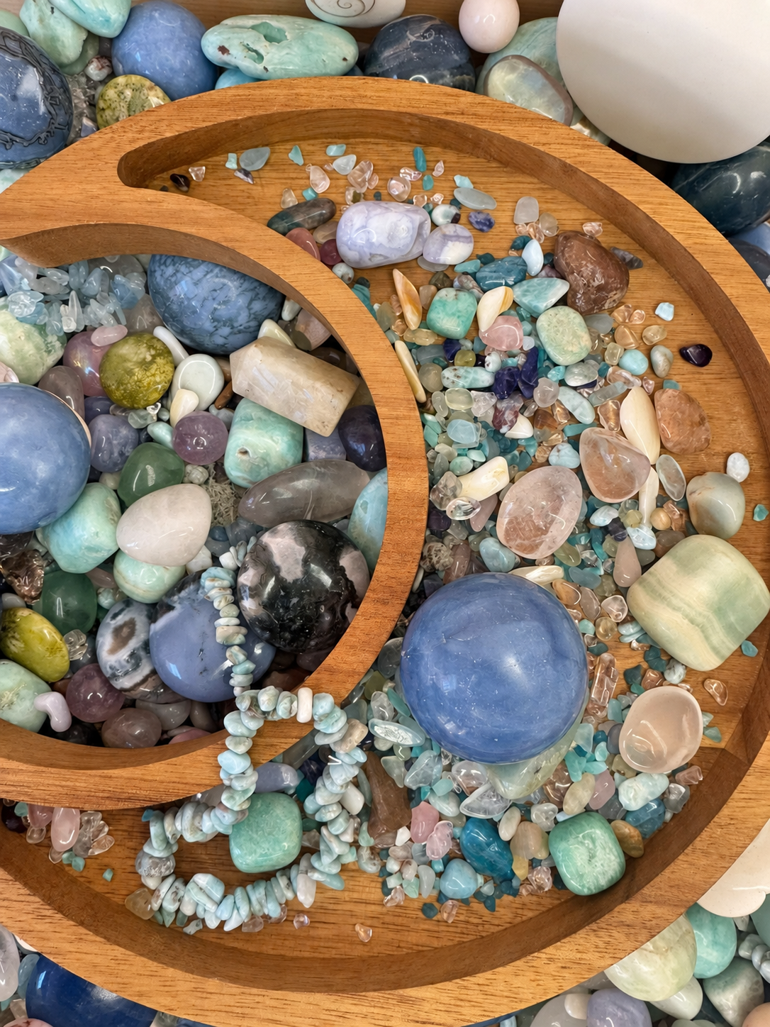 Ocean inspired crystal scoop mix with Larimar Aquamarine spheres carvings and tumbles