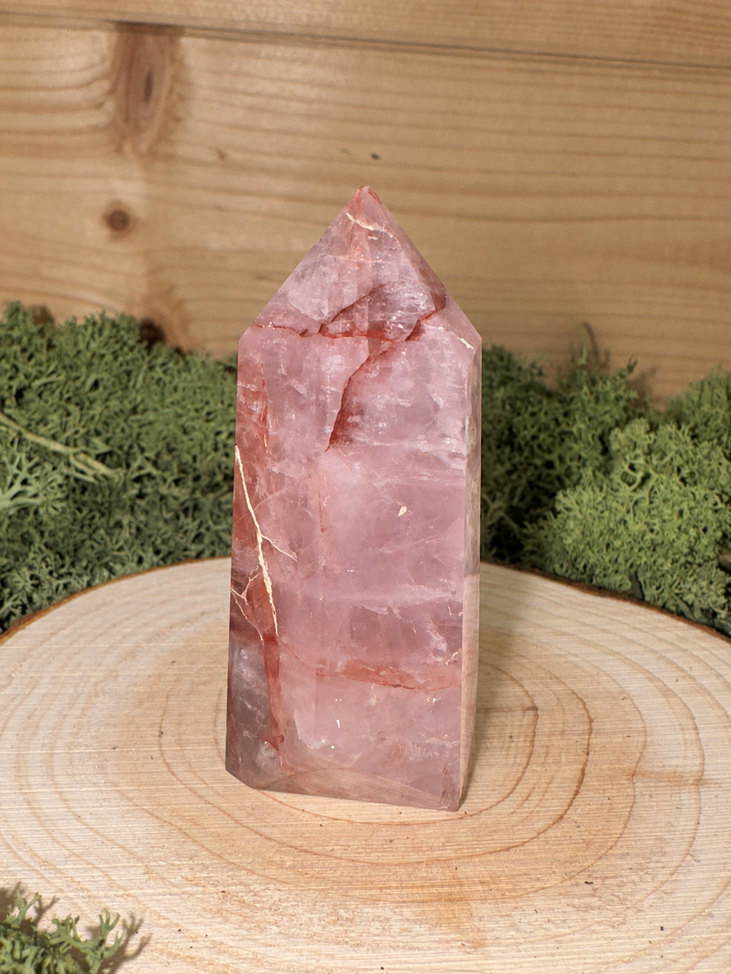 Polished Periwinkle Rose Quartz tower showing deep red Fire Quartz inclusions