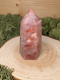 Periwinkle Rose Quartz and Fire Quartz crystal tower with pink and red mineral inclusions, 77g