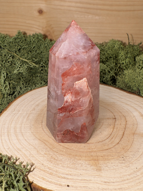 Periwinkle Rose Quartz and Fire Quartz crystal tower with pink and red mineral inclusions, 77g