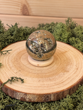 92g Peruvian Pyrite sphere with metallic gold crystal formations and stand