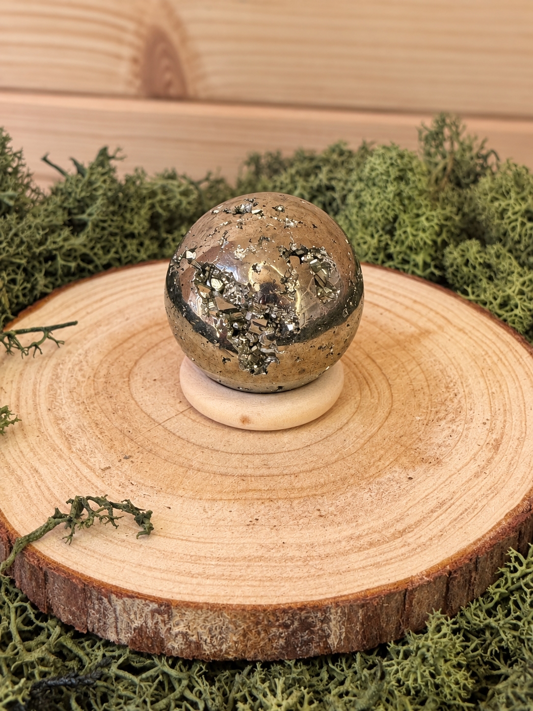 92g Peruvian Pyrite sphere with metallic gold crystal formations and stand