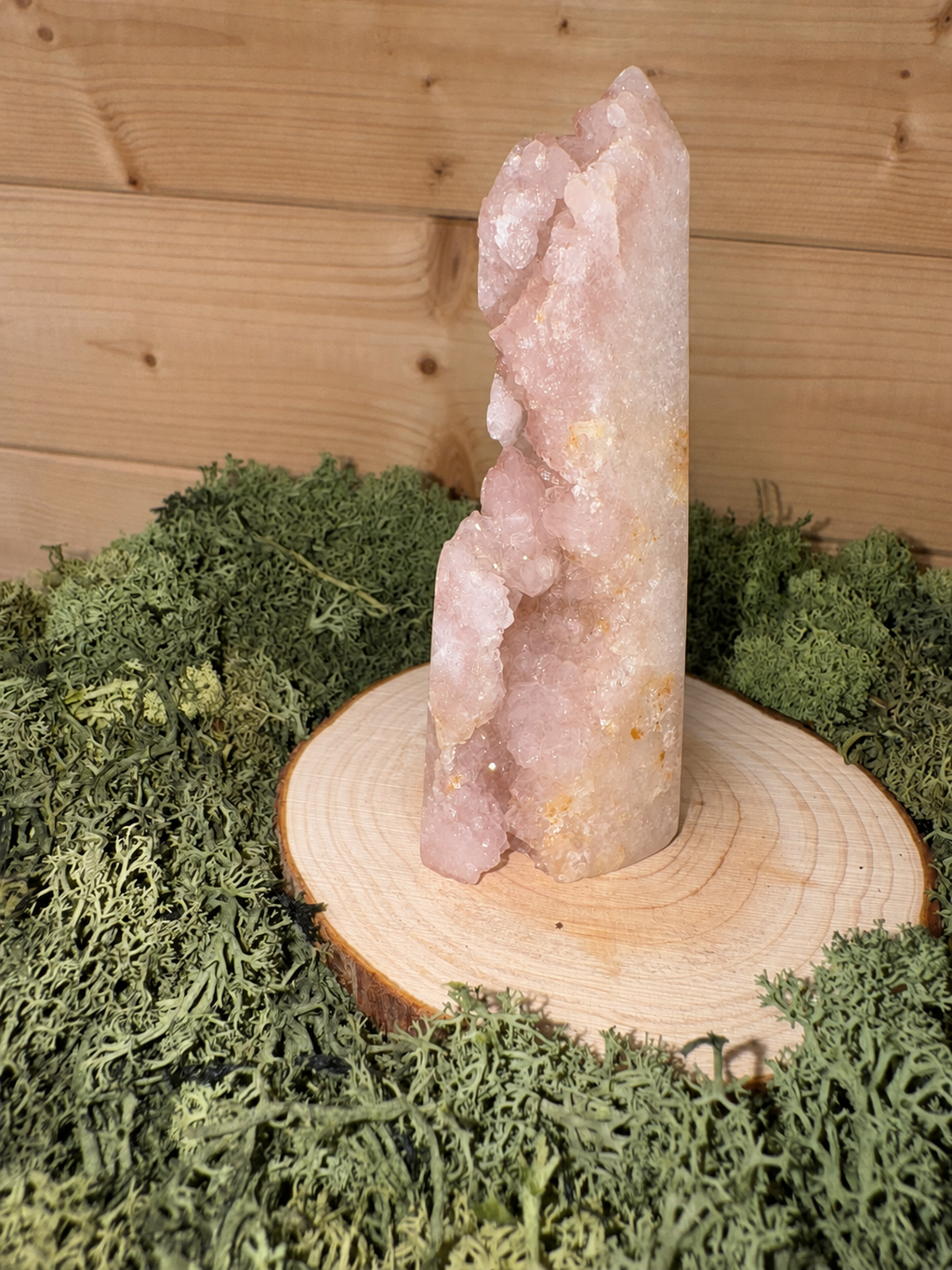 Pink Amethyst tower showing natural druzy crystal pockets along the side