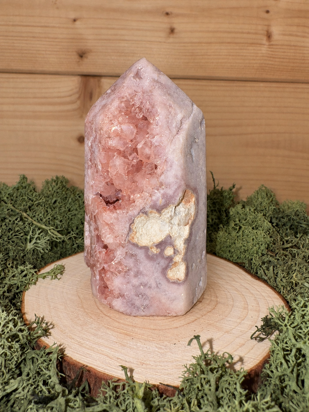 Pink Amethyst tower with sparkling druzy crystals and cream natural matrix