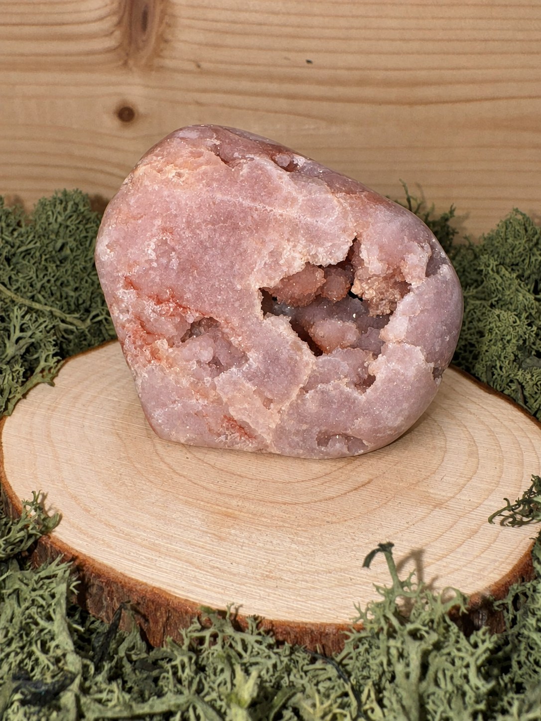 141g Pink Amethyst freeform with blush pink colouring and natural druzy crystal pockets