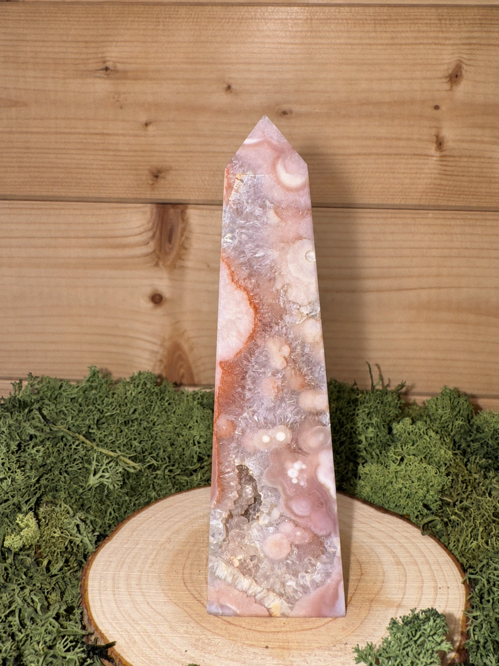 Polished Pink Amethyst tower with sparkling druzy cavities and orbicular patterns