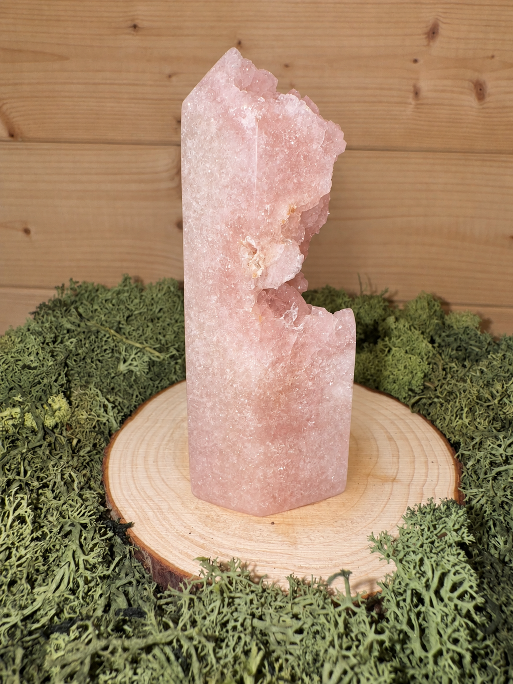 Reverse view of 228g Pink Amethyst tower with soft pink crystalline texture