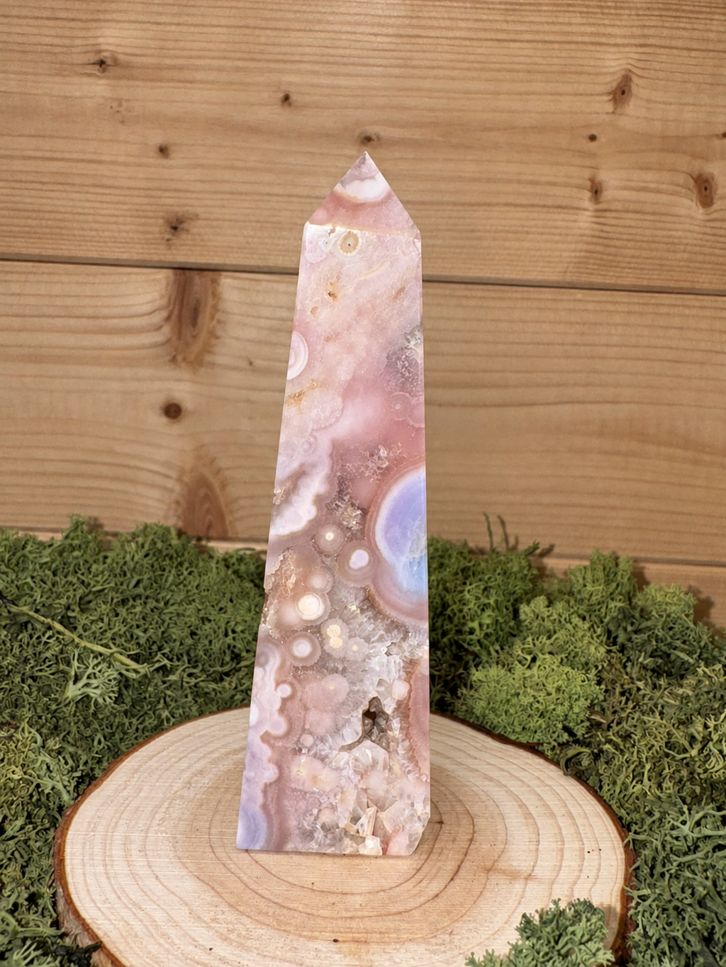 216g Pink Amethyst tower with flower-like patterns and natural druzy crystal pockets