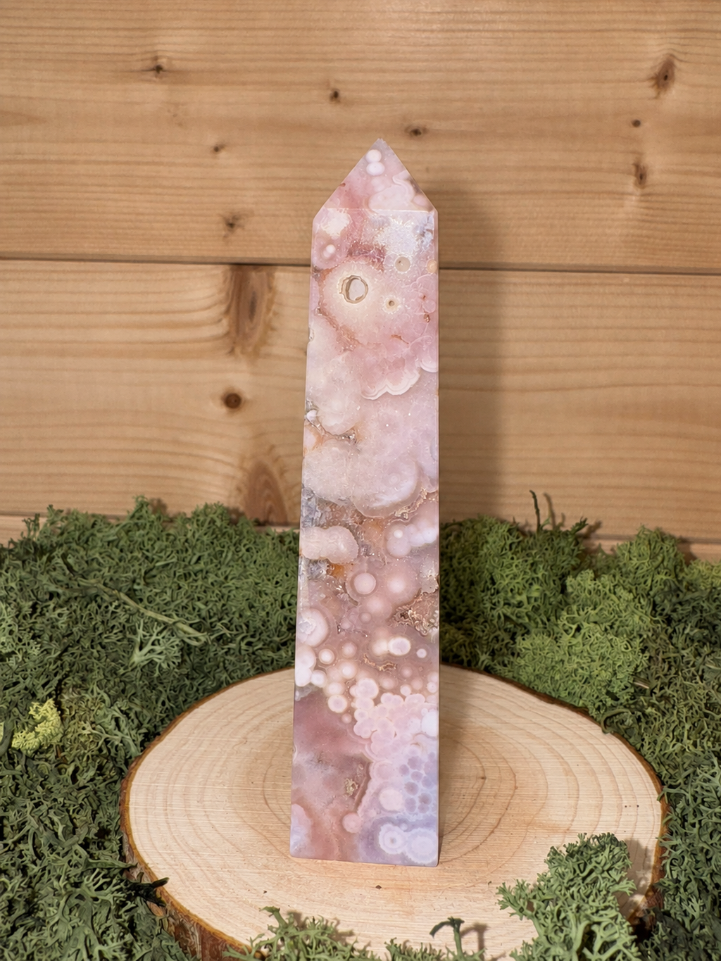 Pink Amethyst tower with blush pink and cream flower-like natural crystal patterning