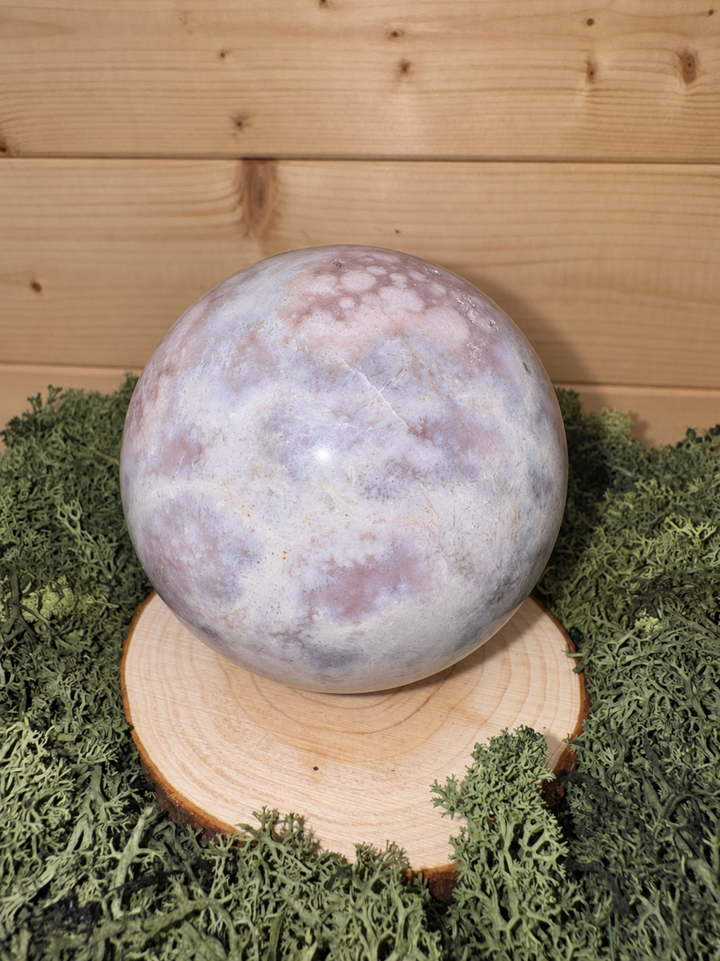 Pink Amethyst crystal sphere with pale lilac pink and cloudy white patterning