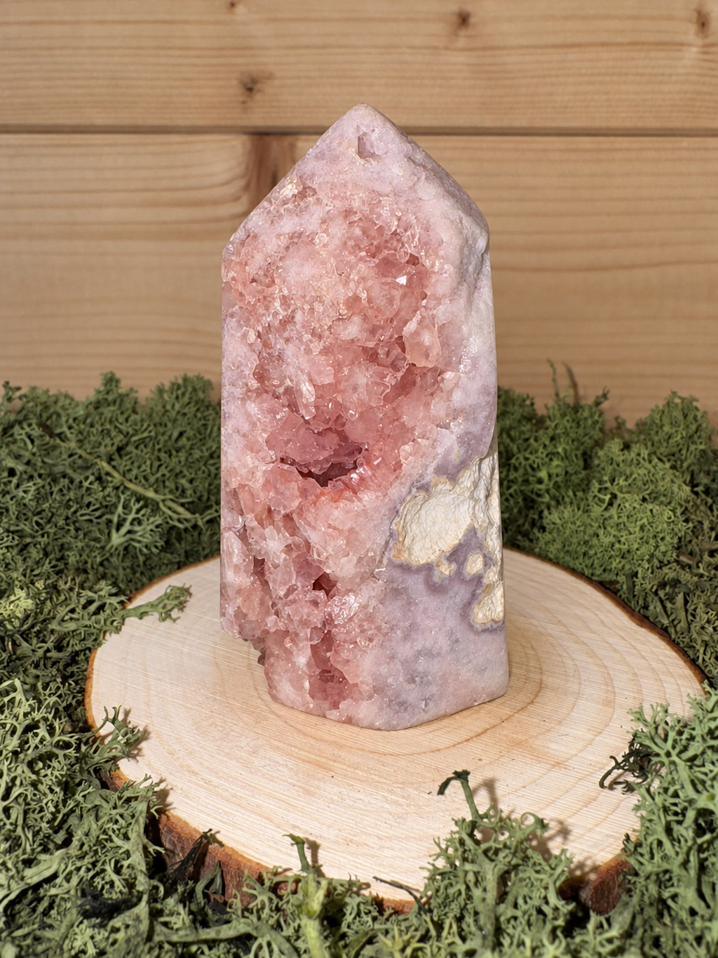 Pink Amethyst crystal tower showing deep pink druzy cavity and natural matrix