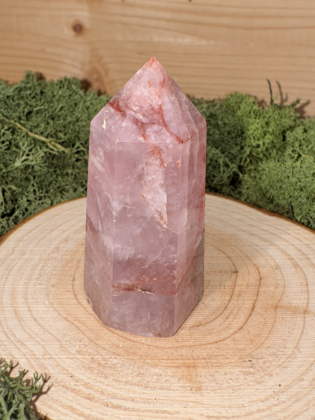 77g pink and mauve Periwinkle Rose Quartz crystal tower with natural Fire Quartz patterning