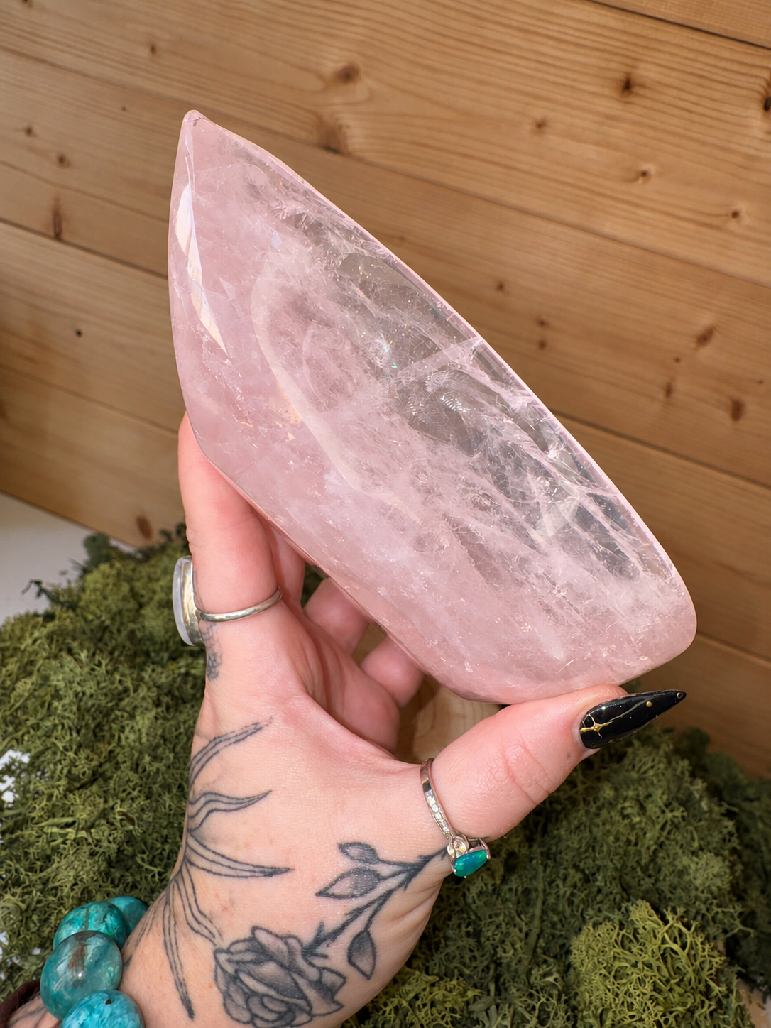 Translucent pink Rose Quartz crystal bowl showing natural clarity and asterism