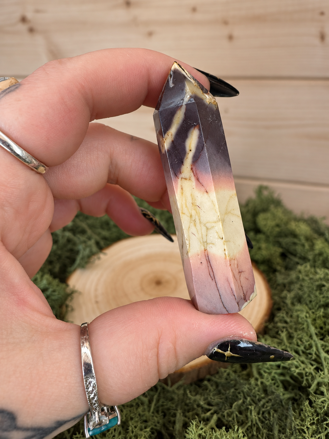 Polished Mookaite Jasper crystal tower with purple cream and pink colouring