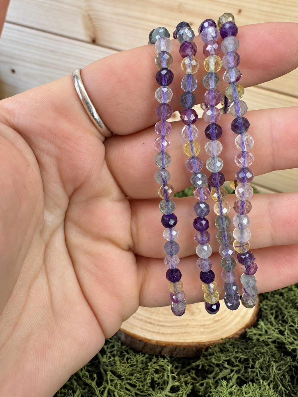 Faceted Fluorite gemstone bracelets with translucent purple lilac green and yellow beads