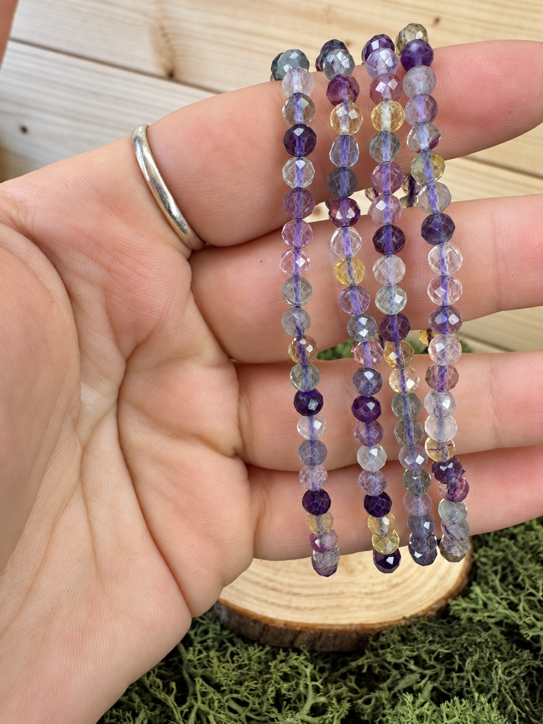 Faceted Fluorite gemstone bracelets with translucent purple lilac green and yellow beads