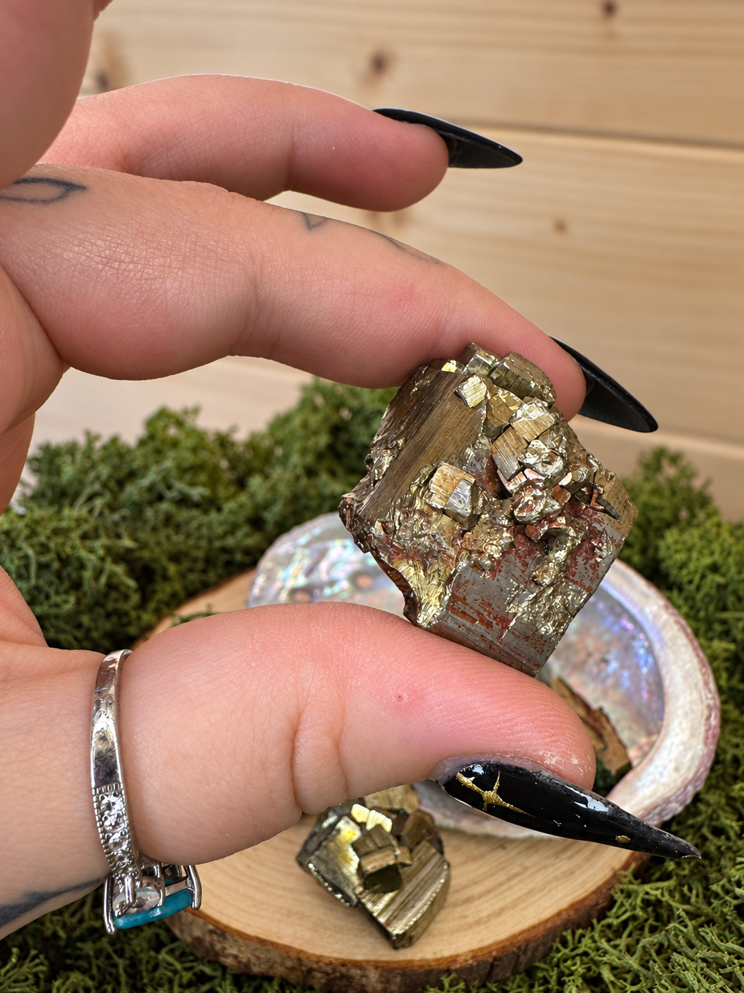 Close up of metallic Hematite coated Pyrite crystal from Bulgaria
