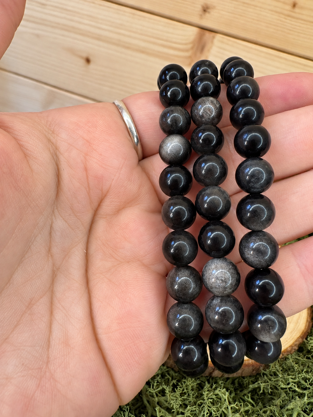 Silver Sheen Obsidian bead bracelets with polished black and silvery grey crystal beads
