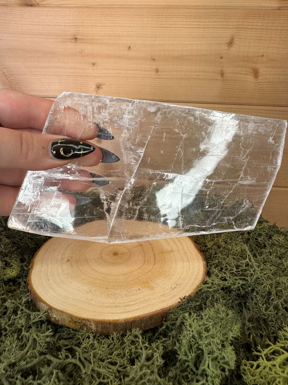 Transparent True Selenite slab with natural cleavage planes and crystalline markings